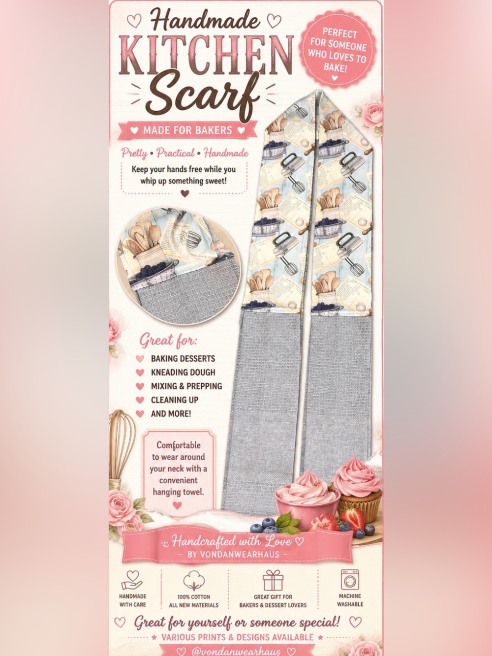 Handmade Kitchen Scarf - Baking Print with Gray Towel